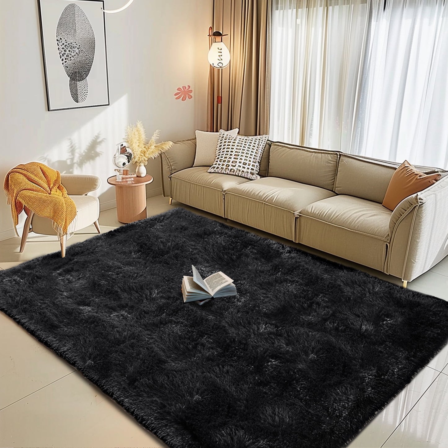 4'x6' Black Fuzzy Area Rug,Soft Cozy Rug for Living Room, Bedroom ,Thick Pile Rug Indoor,Shaggy Floor Carpet