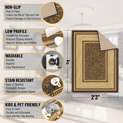 Ottomanson Machine Washable Non-Slip Rubberback Bordered 2x3 Indoor Area Rug, 2'3" x 3', Brown