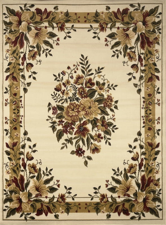 Traditional European Ivory Floral Bordered Medallion Garden Area Rug - Actual 1' 7" x 2' 9"