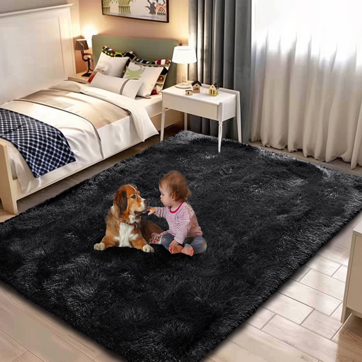 4'x6' Black Fuzzy Area Rug,Soft Cozy Rug for Living Room, Bedroom ,Thick Pile Rug Indoor,Shaggy Floor Carpet